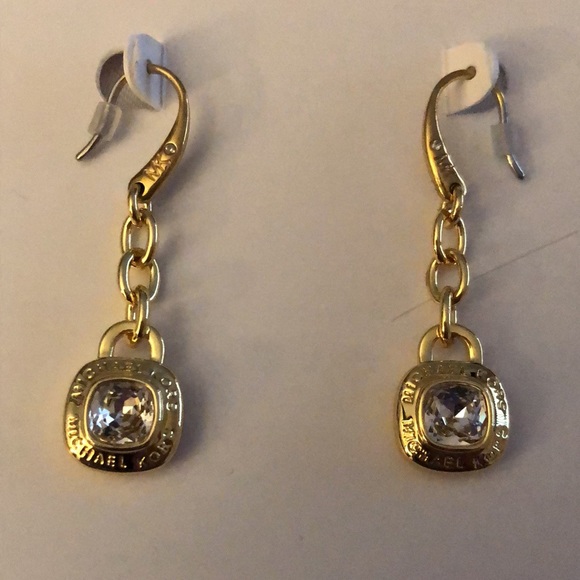 Michael Kors Gold Tone Chain & Square Drop Earrings Crystal & Logo Accent NWT - Picture 8 of 11